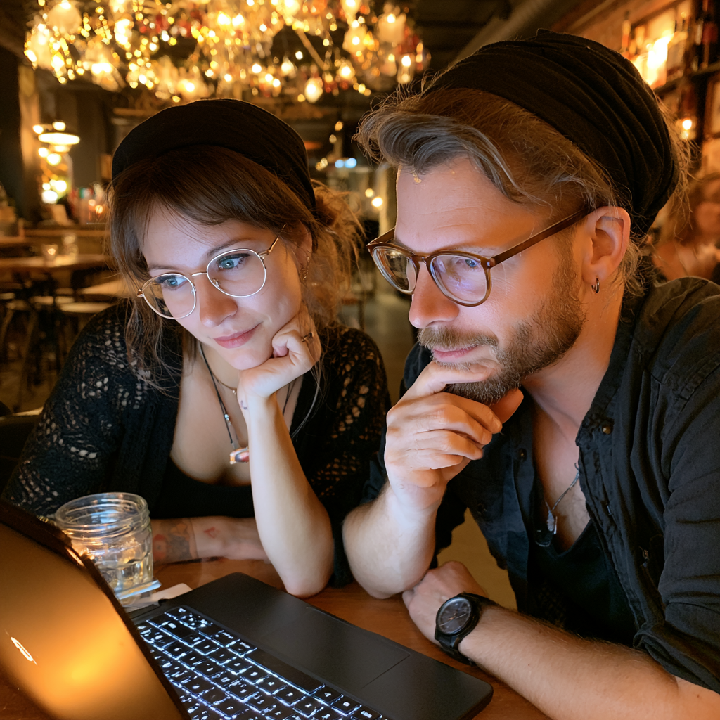 Two people reading and investigating together over a laptop